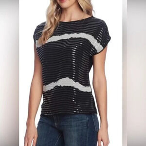 NWT Vince Camuto Womens Sequin Top Black‎ with White Trim on Front Lined